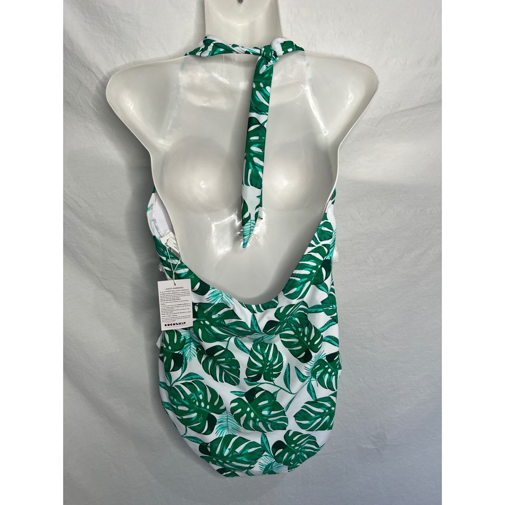 NWT Cocoship Green White Tropical Palm Print Halter Tassels Swimsuit Size 16 - Picture 6 of 10